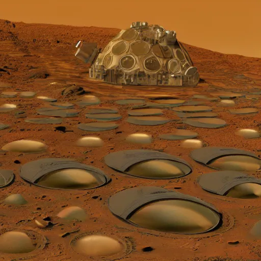 Prompt: mars landscape with colony pods connected via fiberglass tunnels