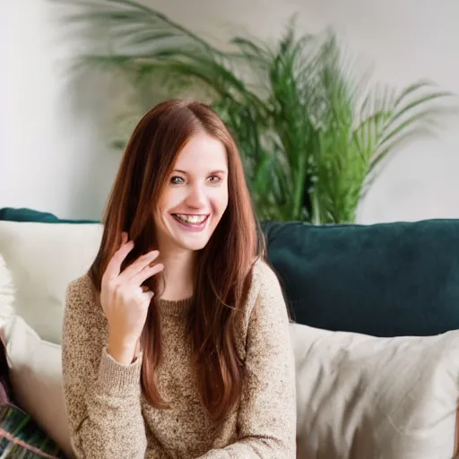 Image similar to Photograph of a cute young woman smiling, long shiny bronze brown hair, heart-shaped face, emerald green eyes, medium skin tone, light cute freckles, smiling softly, wearing casual clothing, relaxing on a modern couch, interior lighting, cozy living room background, medium shot, mid-shot, soft focus, 4k, professional photography, Portra 400