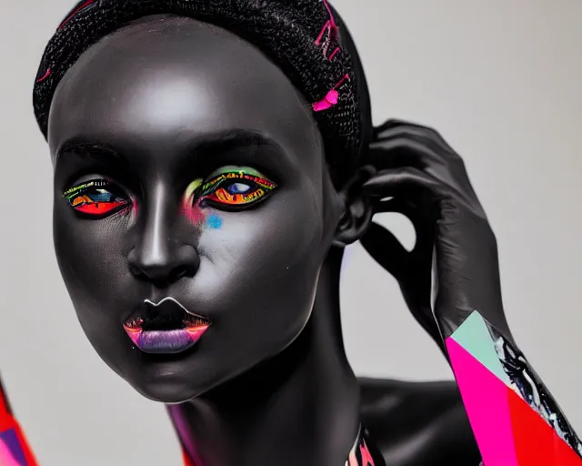 Image similar to close up portrait of extremely beautiful female black marble statue in the style of virgil abloh, colorful motocross logos behind her, sharp focus, clear, detailed,, cinematic, detailed, off white, glamourous, symmetrical, vogue, editorial, fashion, magazine shoot, glossy