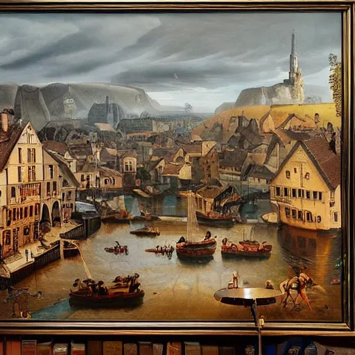 Prompt: Raining Outside inside house + A Beautiful painting of European town The year is 1680 Highly detailed, epic composition, Dramatic lighting, Epic Wide angle, a futuristic city made black Iron stone, the style Wes Anderson sci-fi movie, 4k, high hyper realistic