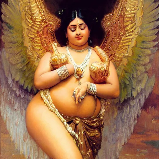 Image similar to detailed portrait of thicc hindu traditional woman with angel wings coming down to earth in baroque painting, girl graceful, eyes closed, painting by gaston bussiere, craig mullins, j. c. leyendecker