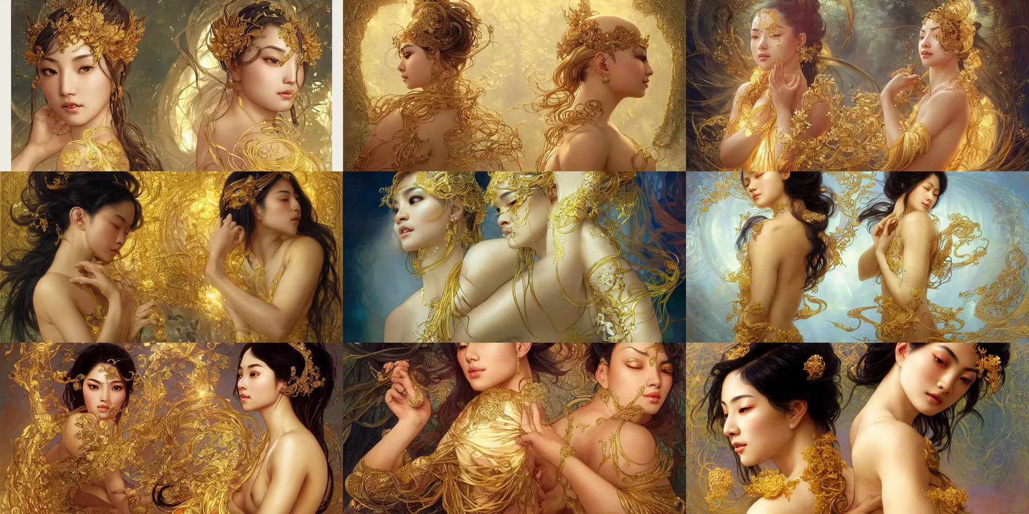 Prompt: asian nymph bald goddess, flowing golden silk twisting with whiten tattoos of cursive sigils on her opalescent skin, fantasy, intricate, very beautiful, elegant, golden light, highly detailed, art by artgerm and greg rutkowski and alphonse mucha