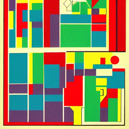 Prompt: by johannes itten haunting. print. a cityscape. the different colors & shapes represent different parts of the city.