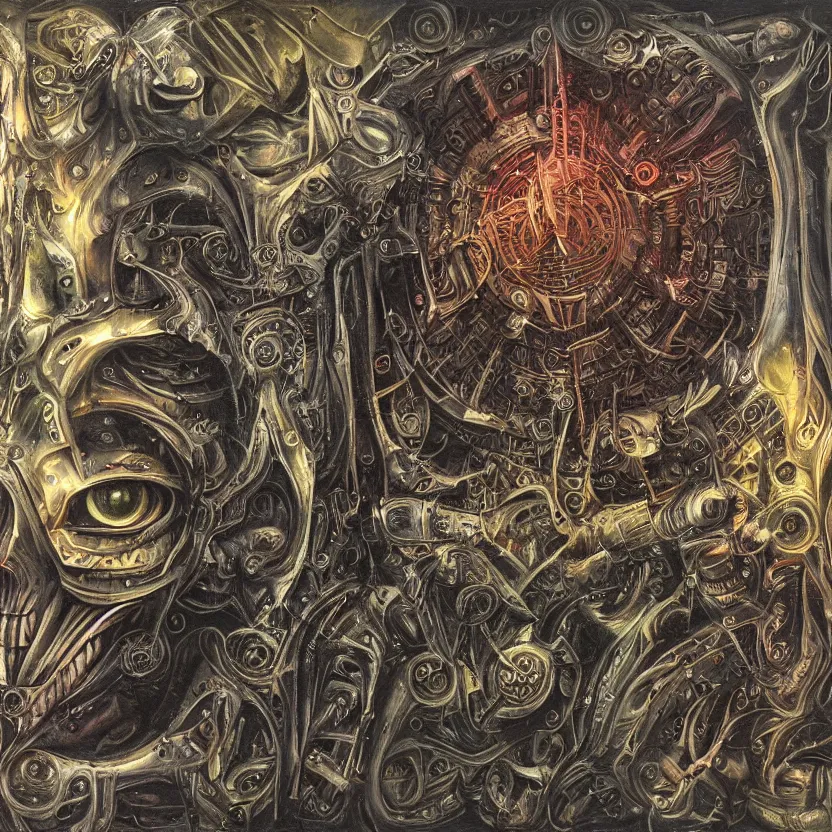 Prompt: biomechanical kali yantra, volumetric shadows and lighting, psychedelic colors, realistic oil painting by h. r. giger,