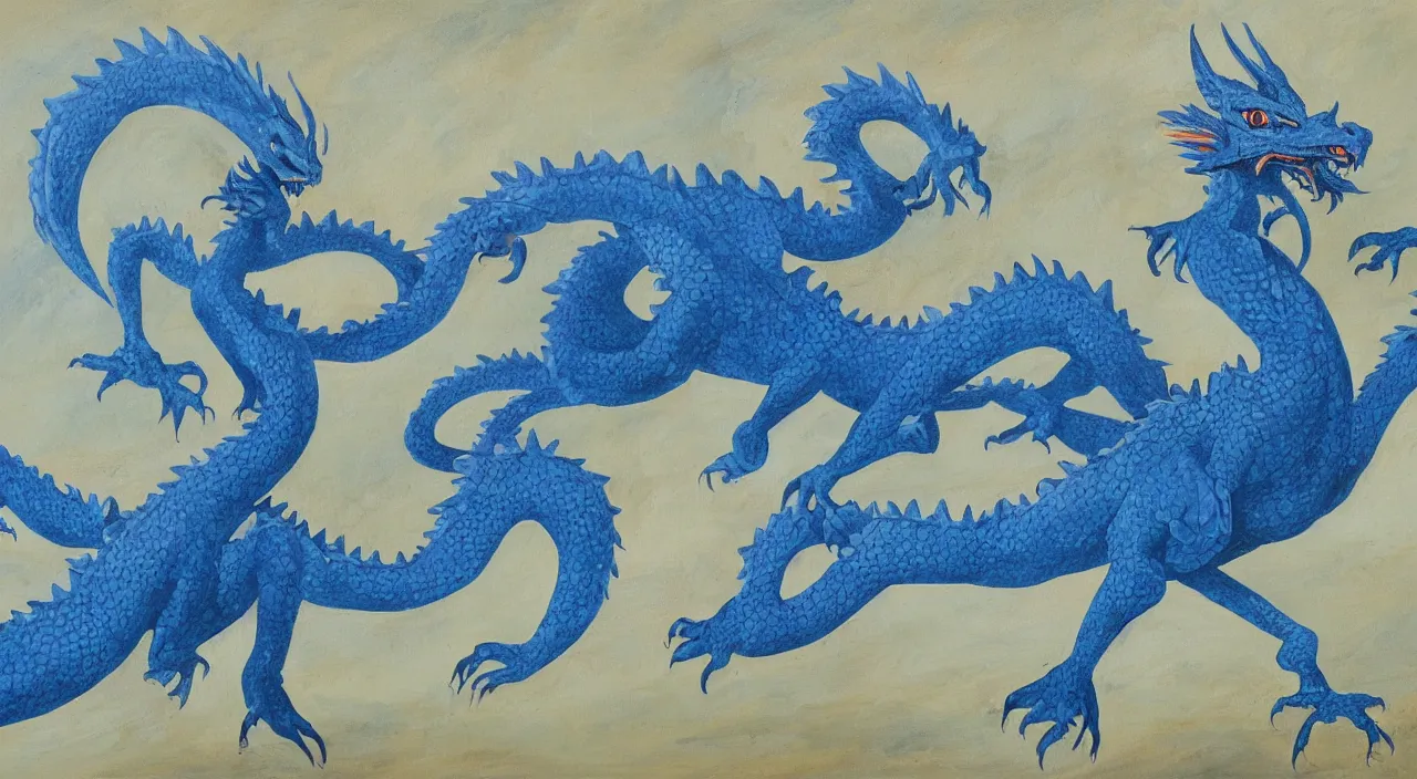 Prompt: Oil painting of an azure-coloured dragon in the castle