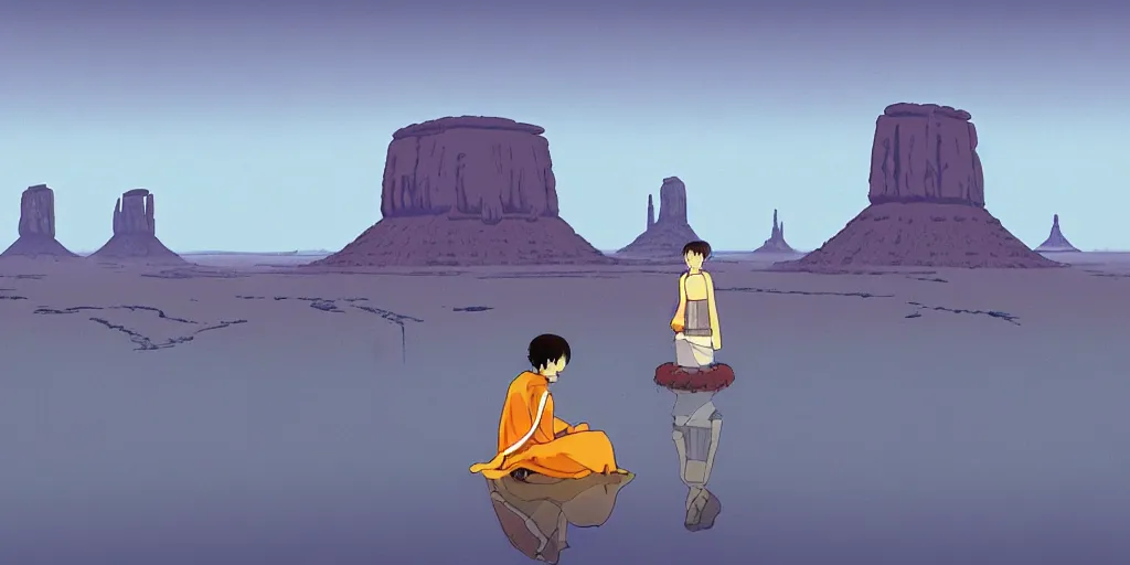 Image similar to a realistic cell - shaded studio ghibli concept art from paprika ( 2 0 0 6 ) of a monk meditating and a small mammoth from close encounters of the third kind ( 1 9 7 7 ) in a flooded monument valley stonehenge. very dull colors, wide shot, hd, 4 k, hq