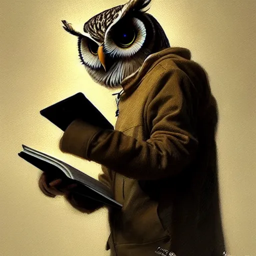 Image similar to a wise owl reviewing texts in a computer, art by greg rutkowski, intricate, elegant, highly detailed, smooth, sharp focus, artstation