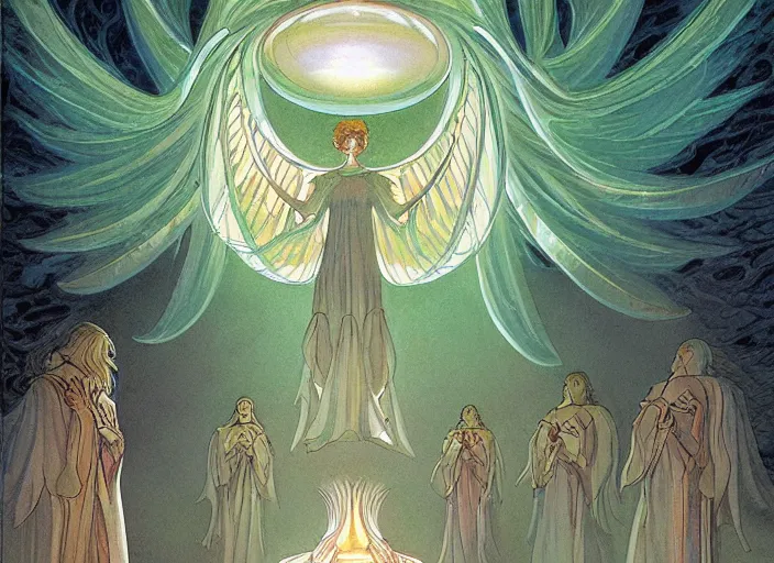 Prompt: a symmetrical!!! delicate mtg illustration by charles vess of a flock of radiant seraphim emerging from the glowing doorway of a massive vulva - shaped temple made of smooth organic architecture and floating in the astral plane and constructed of house - sized crystals and a bulb of the vestibule made of iridescent pearl