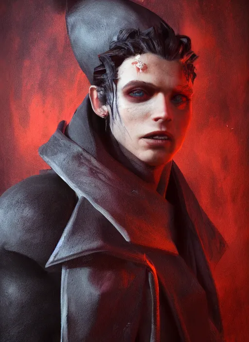 Image similar to A mixed media portrait painting of a fantasy vampire as a Sorcerer in a atmospheric dark fortress, unreal 5, DAZ, hyperrealistic, octane render, RPG portrait, ambient light, dynamic lighting