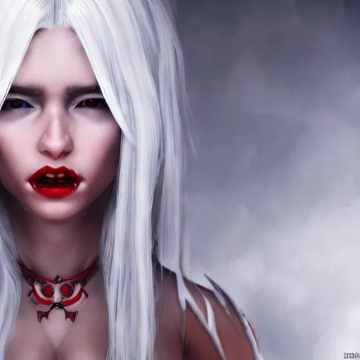 Image similar to a highly detailed portrait of a humanoid demon girl with white hair, red horns, in white clothes, artstation, deviantart, professional, unreal engine 5, photorealistic