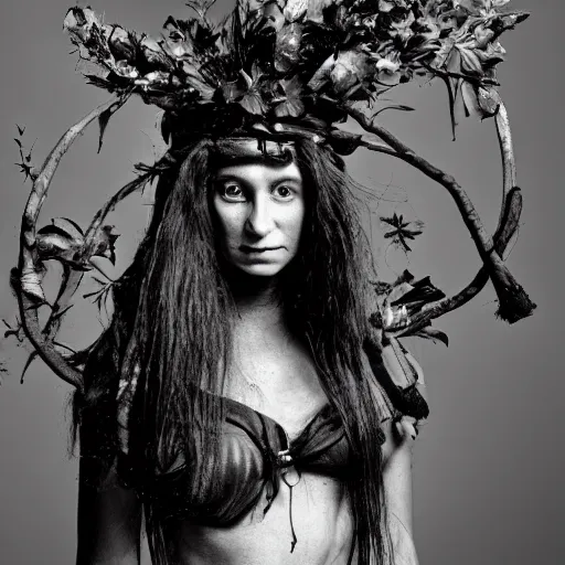 Image similar to deep gnome druid with leather clothing and leaves and sticks in her hair, photo by annie leibovitz b&w