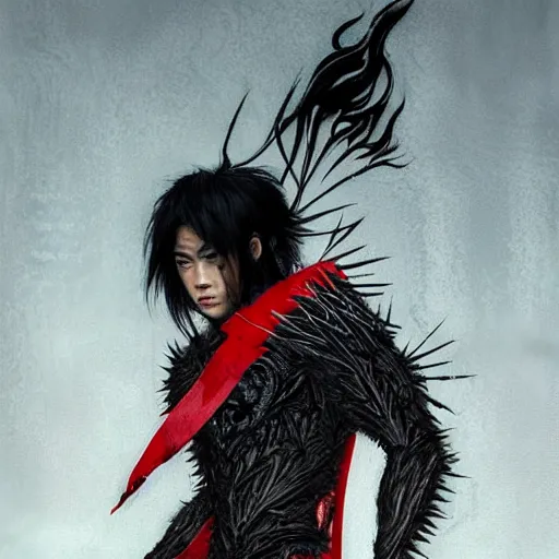 Image similar to mazoku warrior, handsome japanese demon boy, young adult mazoku man with long wild spiky black hair, vantablack clothes, red eyes, ultra realistic, intricate details, eerie, highly detailed, photorealistic, octane render, 8 k, art by artgerm, greg rutkowski, charlie bowater, magali villeneuve, alphonse mucha