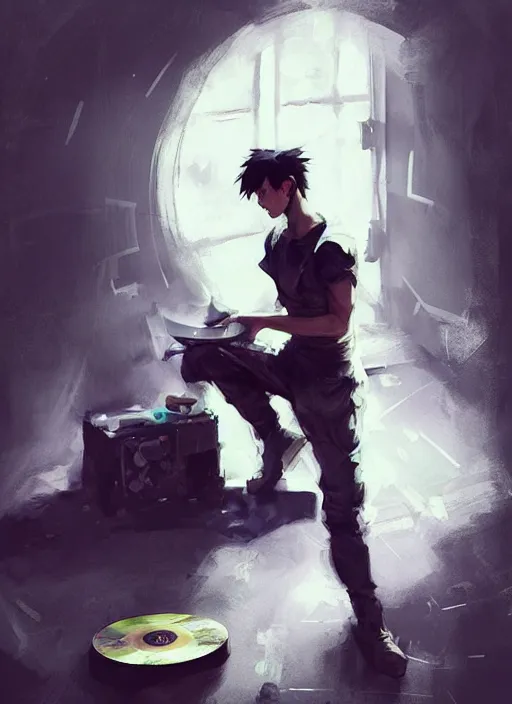 Prompt: semi reallistic gouache gesture painting, by yoshitaka amano, by ruan jia, by Conrad roset, by dofus online artists, detailed anime render of a boy playing vinyl, portrait, cgsociety, artstation, rococo mechanical, Digital reality, sf5 ink style, dieselpunk atmosphere, gesture drawn