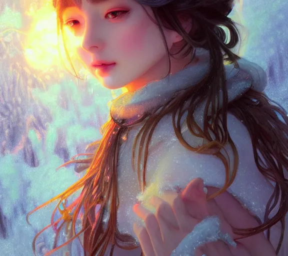 Image similar to beautiful ancient pastel frost witch, fire in eye, snow glow, pool party, highly detailed, digital painting, artstation, sharp focus, illustration, art by tan zi and ayanamikodon and alphonse mucha and wlop