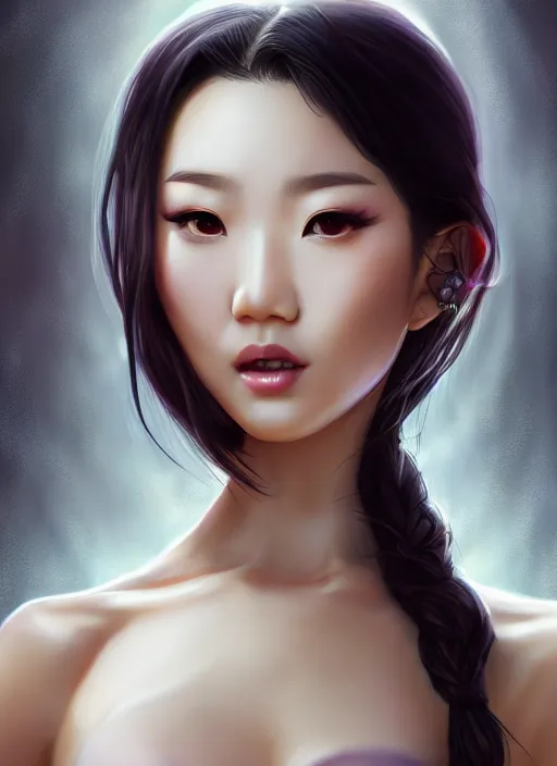 Image similar to beautiful fashion asian goddness, strapless dress, character portrait in the style of thomas river and artgerm, wlop, cinematic lighting, hyperdetailed, 8 k realistic, symmetrical, global illumination, radiant light, halo, love and mercy, frostbite 3 engine, cryengine, dof, trending on artstation, digital art, chanel
