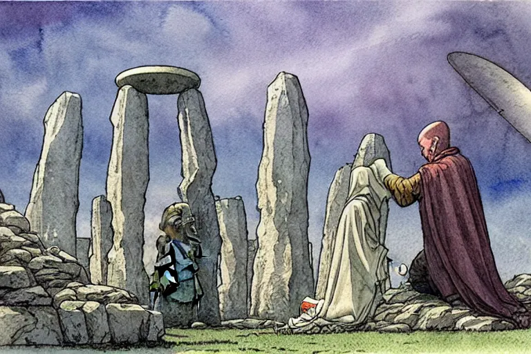 Image similar to a realistic and atmospheric watercolour fantasy concept art of a ufo landing in a floating stonehenge. one dirty medieval monk in grey robes is on his knees praying to the ufo. muted colors. by rebecca guay, michael kaluta, charles vess and jean moebius giraud