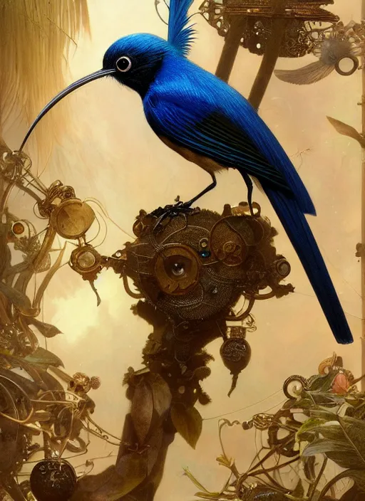 Image similar to hyper realistic paradise flycatcher, refined details, denoised, birds eye view, magical, gems, jewels, gold, steampunk, cyberpunk utopia, painted by tom bagshaw, mucha, gaston bussiere, craig mullins, j. c. leyendecker 8 k