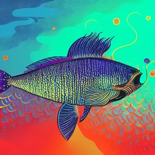 Image similar to one stylized fish with saturated colors viewed in profile in the dark ocean filled with complex sparkles and patterns, artstation, intricate, realistic, highly detailed, digital painting, concept art, sharp focus, illustration by tom whalen and charles williams and kilian eng and james jean
