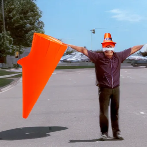 Prompt: ripped physique winged man Norm MacDonald disguised as a mothra whilst wearing a traffic cone hat darick robertson