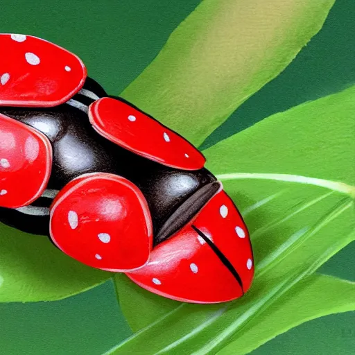 Image similar to cute ladybug crawling on a maple leaf, concept art, illustrated, highly detailed, high quality, bright colors, optimistic,