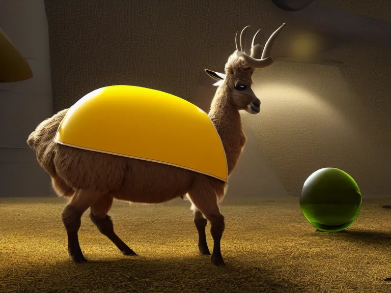 Image similar to The boomalope is a llama that grows large yellow translucent leather bags or bubbles of volatile chemicals on its back, developed by geneticists to produce chemicals. Concept art, octane render, extremely high detailed, details, hyperrealism, cinematic, 8k, depth of field