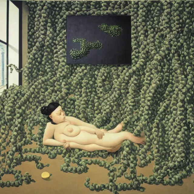 Prompt: a pathology student in her apartment, wrapped in vines, large stones, pig, black walls, ikebana, black armchair, puddles, moss, acrylic on canvas, surrealist, by magritte and monet