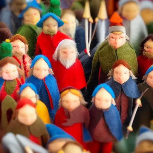 Prompt: felt point figures of bilbo's birthday party, gandalf, fireworks, frodo, pippin, merry, cute, tilt shift, award winning, highly textured