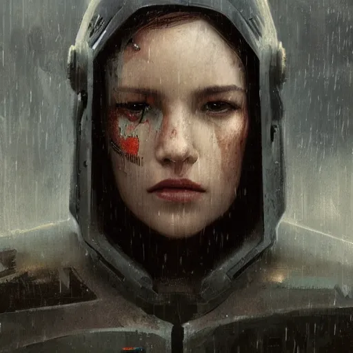 Prompt: A portrait of an android, battle worn, night, rain, techwear, Sith, Star Wars art, art by greg rutkowski, matte painting, trending on artstation