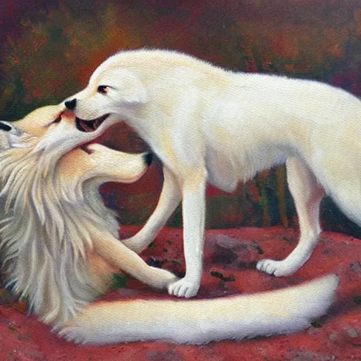 Image similar to A White Wolf kissing a Fox, oil painting