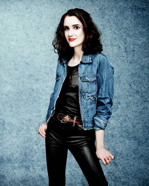 Prompt: headshot of young winona ryder, wearing a black leather jacket, tom waits t - shirt and blue jeans with a belt, photoshoot in the style of annie leibovitz, studio lighting, soft focus, bokeh