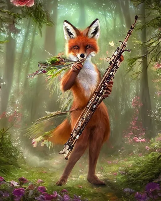 Image similar to Fox playing Flute in magical forest, portrait, wearing hat, magical notes, flowers, flower dress, birds, fairy atmosphere, magic the gathering artwork, D&D, fantasy, cinematic lighting, centered, symmetrical, highly detailed, digital painting, artstation, concept art, smooth, sharp focus, illustration, volumetric lighting, epic Composition, 8k, art by Akihiko Yoshida and Greg Rutkowski and Craig Mullins, oil painting, cgsociety