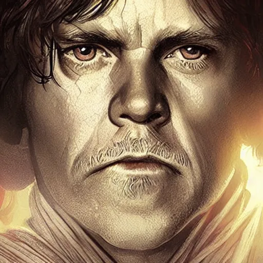 Prompt: luke skywalker grand master jedi from legends books, jedi from star wars, intricate detailed face, artgerm, greg rutkowski, alphonse mucha