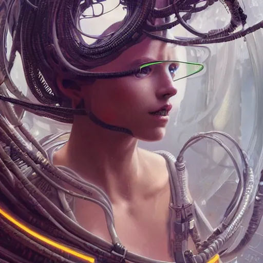 Prompt: portrait of Medusa with vr headset, cyberpunk, thick cables on the head, futuristic hi-tech details, ominous, intricate, art by anthony macbain + greg rutkowski + alphonse mucha, concept art, 4k, sharp focus, cinematic unreal engine