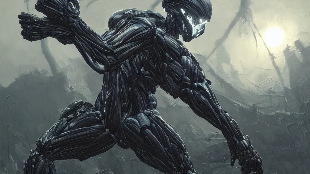 Image similar to crysis nanosuit with powerful biological muscle augmentation, at dusk, painted by tsutomu nihei, painted by artgerm and greg rutkowski