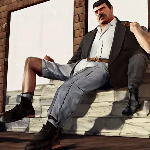 Image similar to a midage italian male, beardless, short black hair with gel, overweight, fine white shirt, leather belt, black pants, leather shoes, smoking a cigar, full body, gta v style, concept art, highly detailed, hyper realistic, unreal engine