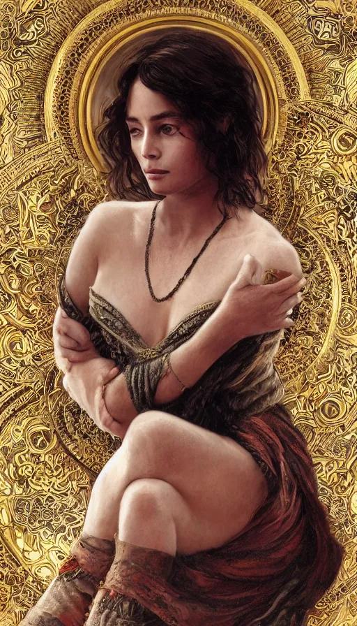 Prompt: young emanuelle beart, traditional bulgarian clothing, fame of thrones, fibonacci, sweat drops, intricate fashion clothing, insane, intricate, highly detailed, surrealistic, digital painting, artstation, concept art, smooth, sharp focus, illustration, unreal engine 5, 8 k, art by artgerm and greg rutkowski and alphonse mucha