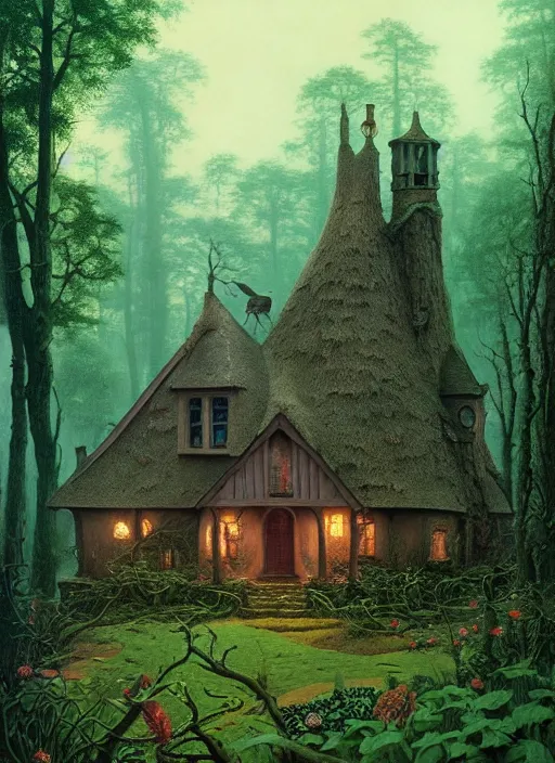 Image similar to hyper realistic witch cottage rococo in the woods gorgeous lighting, highly detailed, lush forest painting by zdzisław beksinski and norman rockwell and greg rutkowskiweta studio, and lucasfilm