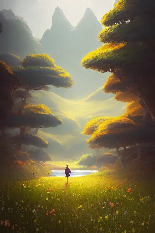 Image similar to beautiful matte painting by goro fujita whimsical art fantasy path mountains and meadow in the background near a lake reflecting the trees, atmospheric lighting, painted, intricate, volumetric lighting, beautiful, rich deep colors masterpiece, sharp focus, ultra detailed by