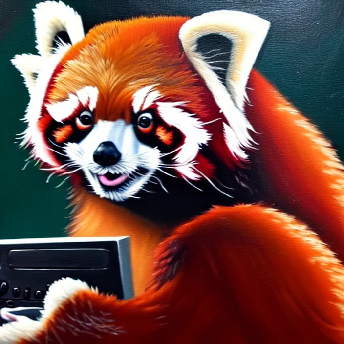 Image similar to an oil painting of a red panda playing video games on a pc, furry, gamer, oil on canvas, cute, highly detailed, soft lighting, pretty