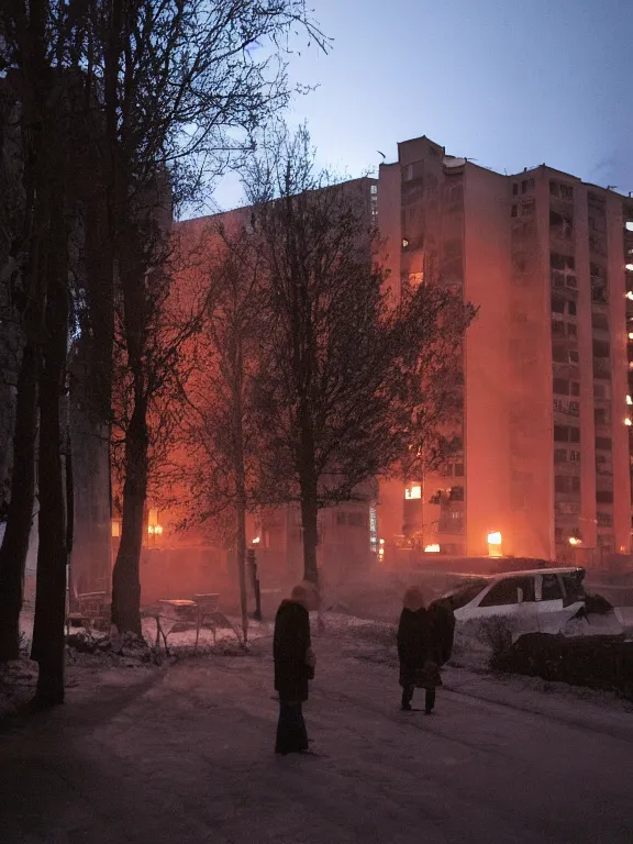 Prompt: film still of low residential building in russian suburbs, lights are on in the windows, deep night, post - soviet courtyard, cozy atmosphere, light fog, street lamps with orange light, several birches nearby, several elderly people stand at the entrance to the building