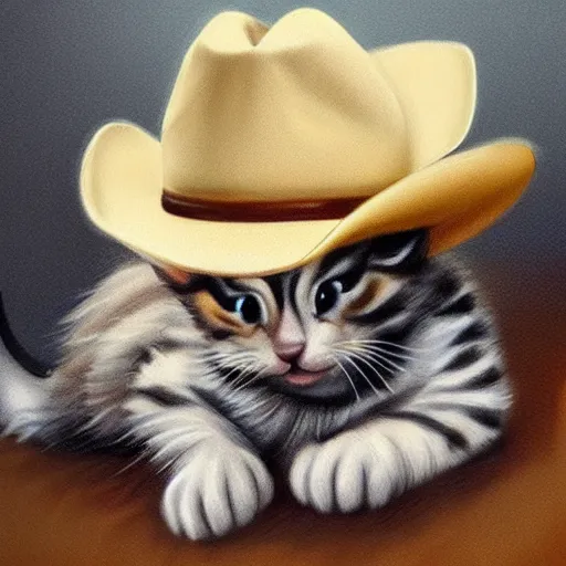 Prompt: realistic baby kitten with cowboy hat, photorealism, old west