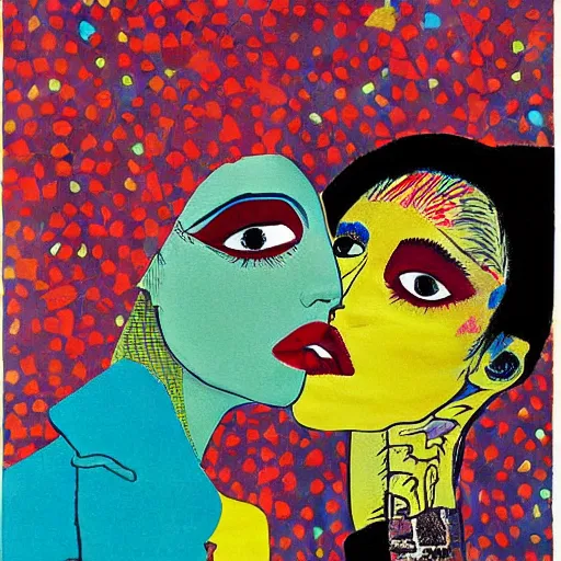 Image similar to beautiful painting of two bizarre psychedelic women kissing each other closeup in tokyo in winter, speculative evolution, mixed media collage by basquiat and junji ito, magazine collage art, paper collage art, sapphic art, lesbian art