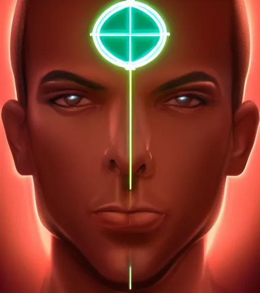 Image similar to symmetry!! egyptian prince of technology, solid cube of light, hard edges, product render retro - futuristic poster scifi, lasers and neon circuits, brown skin man egyptian prince, intricate, elegant, highly detailed, digital painting, artstation, concept art, smooth, sharp focus, illustration, dreamlike, art by artgerm