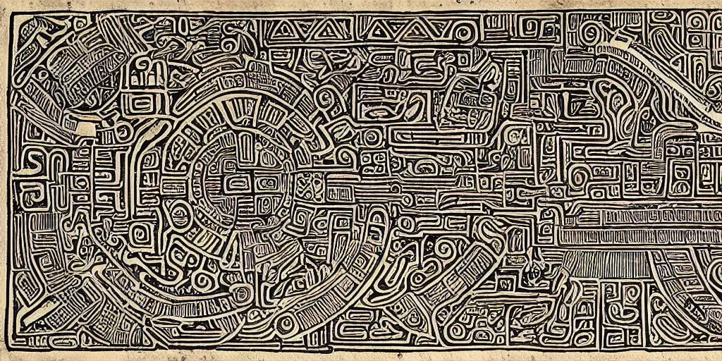 Image similar to mayan hieroglyph blueprints to a spaceship