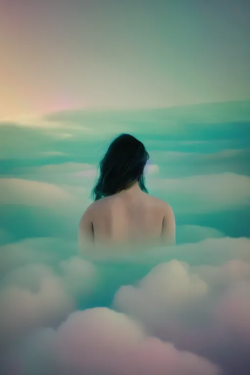 Image similar to high quality pastel coloured film close up wide angle photograph of a model wearing clothing swimming on cloud furniture in a icelandic black rock!! environment in a partially haze filled dreamstate world. three point light, rainbow. photographic production. art directed. pastel colours. volumetric clouds. pastel gradient overlay. waves glitch artefacts. extreme facial clarity. 8 k. filmic.