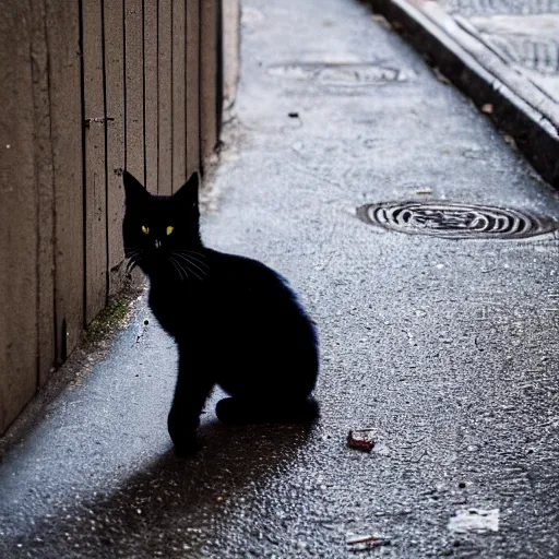 Prompt: 📷📸 A lonely black cat in the middle of an alleyway