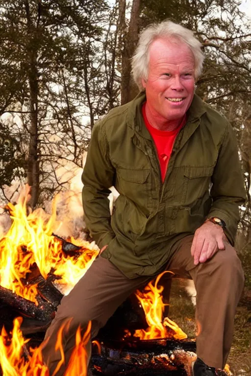 Prompt: kevin tighe floating above a fire laughing