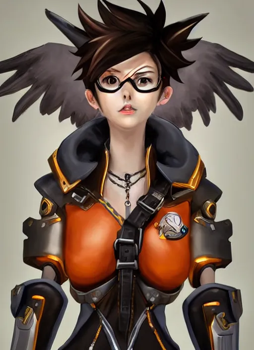 Image similar to full body artwork of tracer overwatch wearing leather collar, angel wings, dramatic painting, symmetrical composition, wearing detailed leather collar, black shiny armor, chains, black harness, detailed face and eyes,