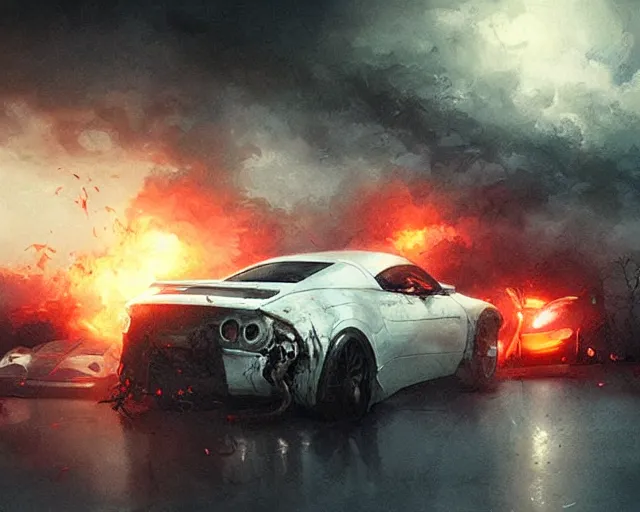 Image similar to a white fast car crash, horror scene, dramatic, anime art, Greg Rutkowski, studio ghibli, dramatic lighting