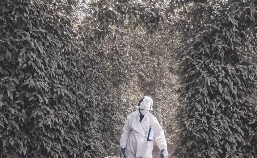 Image similar to cinestill 5 0 d photographic portrait by helen levitt of dark red hazmat scientists with guns walking through a brutalist hedge maze, extreme closeup, cinematic, modern cyberpunk, dust storm, 8 k, hd, high resolution, 3 5 mm, f / 3 2, tenet